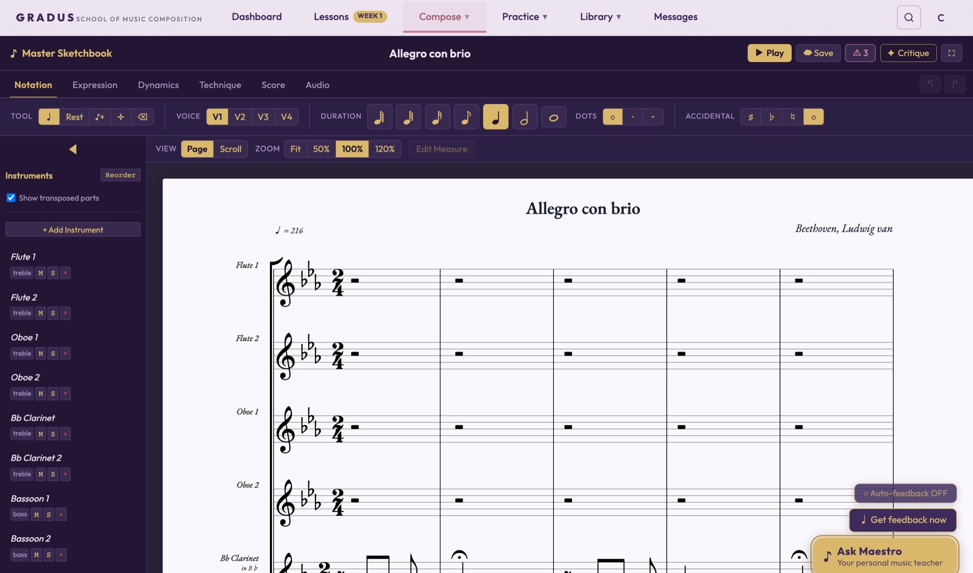 The Master Sketchbook open with the score of Beethoven's Symphony No. 5 — the full multi-staff editor showing the instrument panel, notation toolbar, the orchestral staves of the opening Allegro con brio, and Maestro's feedback panel.